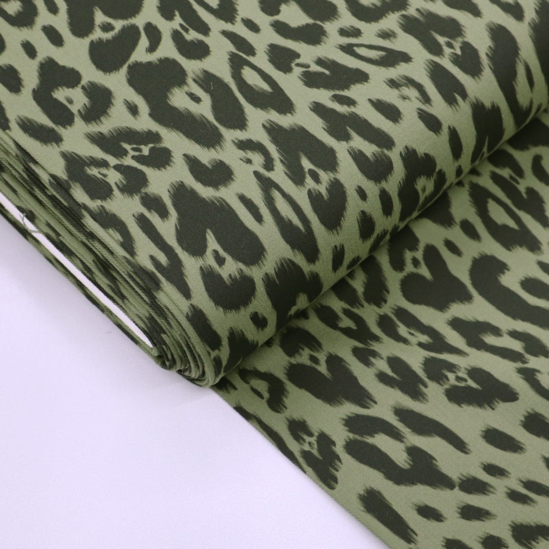 Stretch Cotton Twill Fabric Khaki Green Leopard Print Fabrics Galore