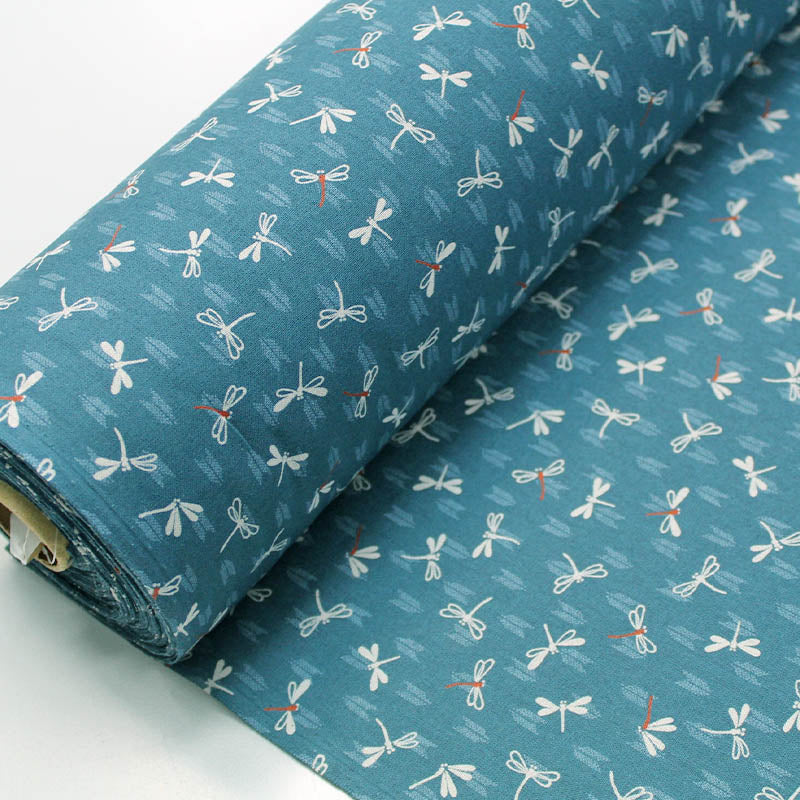 Petrol Green Cotton Japanese Dragonfly Fabric | Fabrics Galore