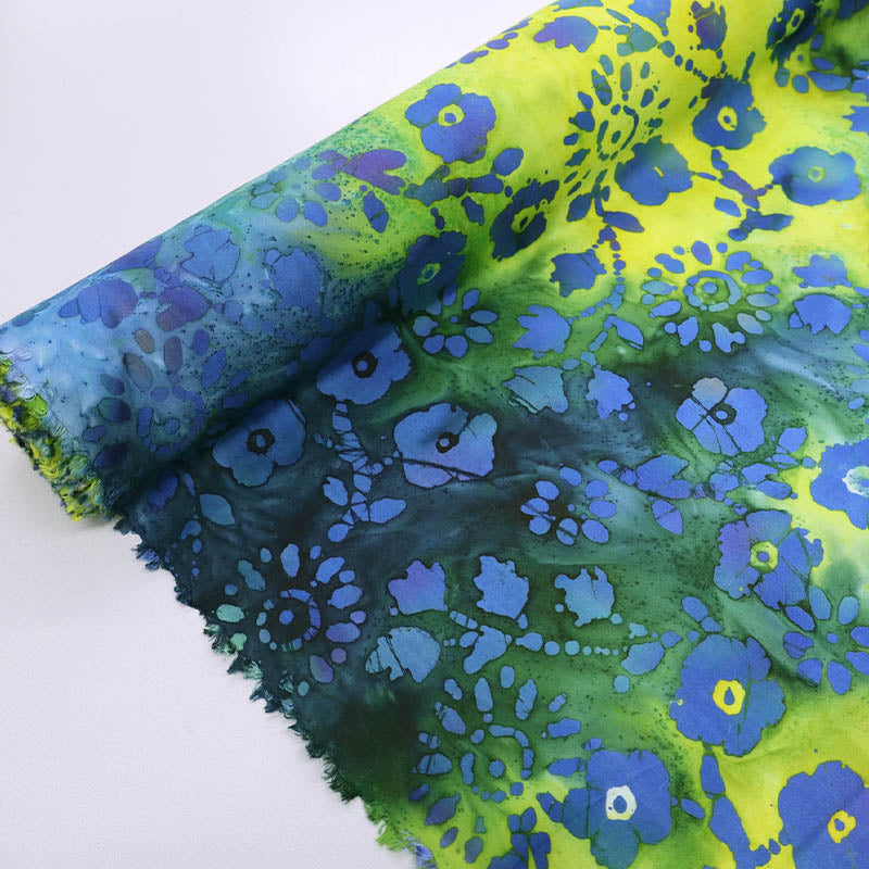 100% Cotton Blue and Yellow Floral Batik Fabric