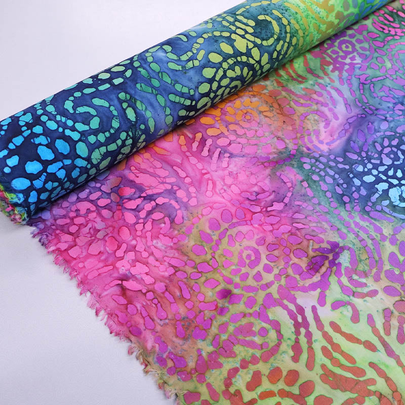 100% Cotton Multi Coloured Batik Fabric - pink blue and green swirls