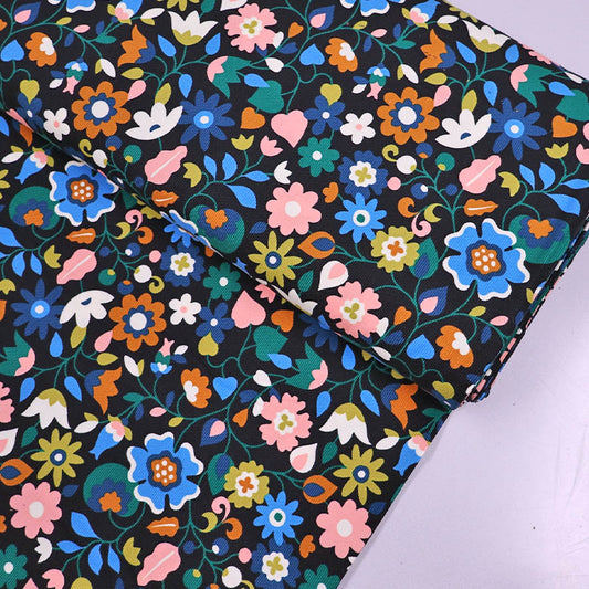 100% Cotton Black and Multicoloured
Floral Needlecord Fabric