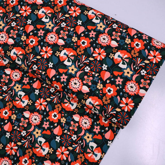 100% Cotton Black Floral Needlecord Fabric - 21 wale