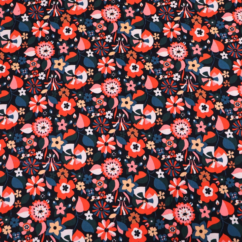 100% Cotton Black Floral Needlecord Fabric - 21 wale