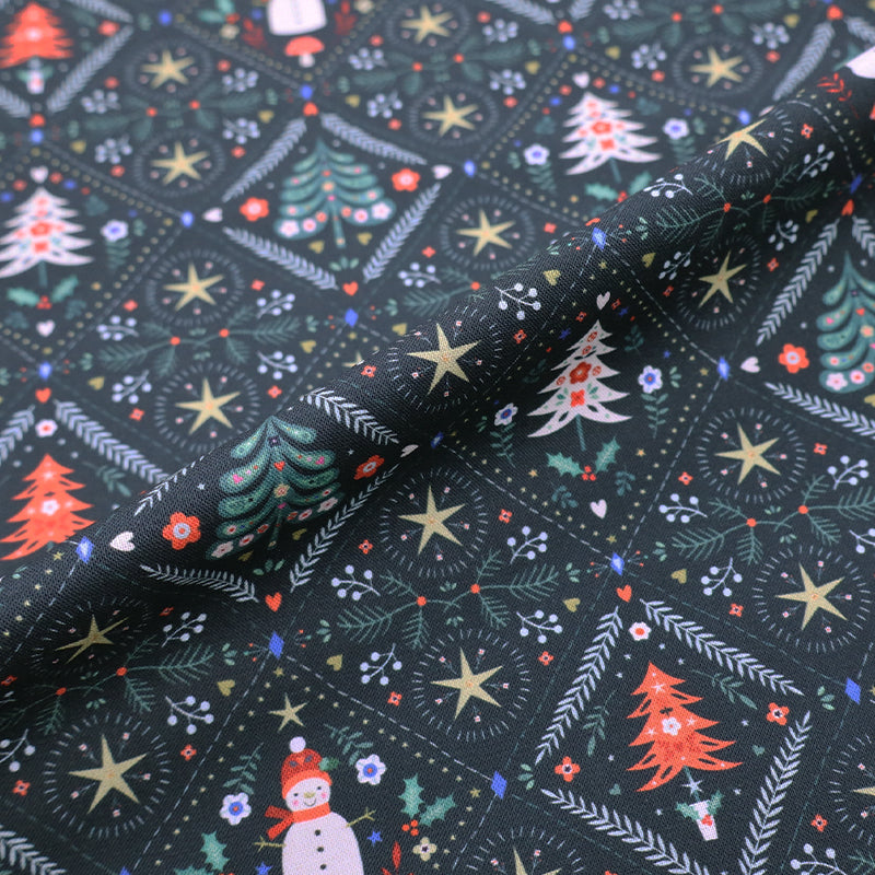 100% Cotton Dark Blue Christmas Fabric - Trees and Snowmen