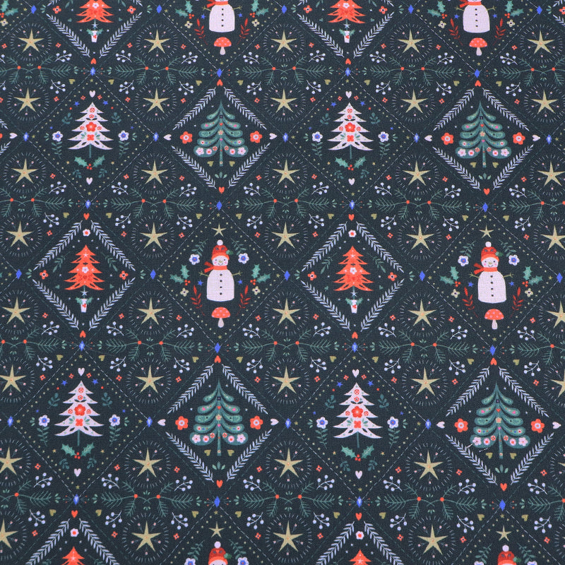 100% Cotton Dark Blue Christmas Fabric - Trees and Snowmen