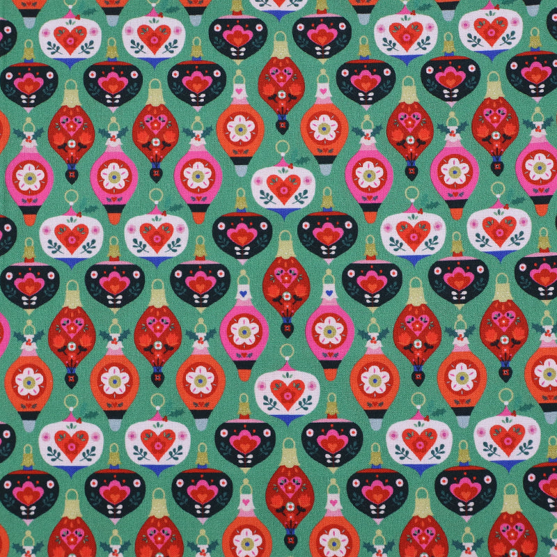 100% Cotton Green Christmas Fabric - Baubles