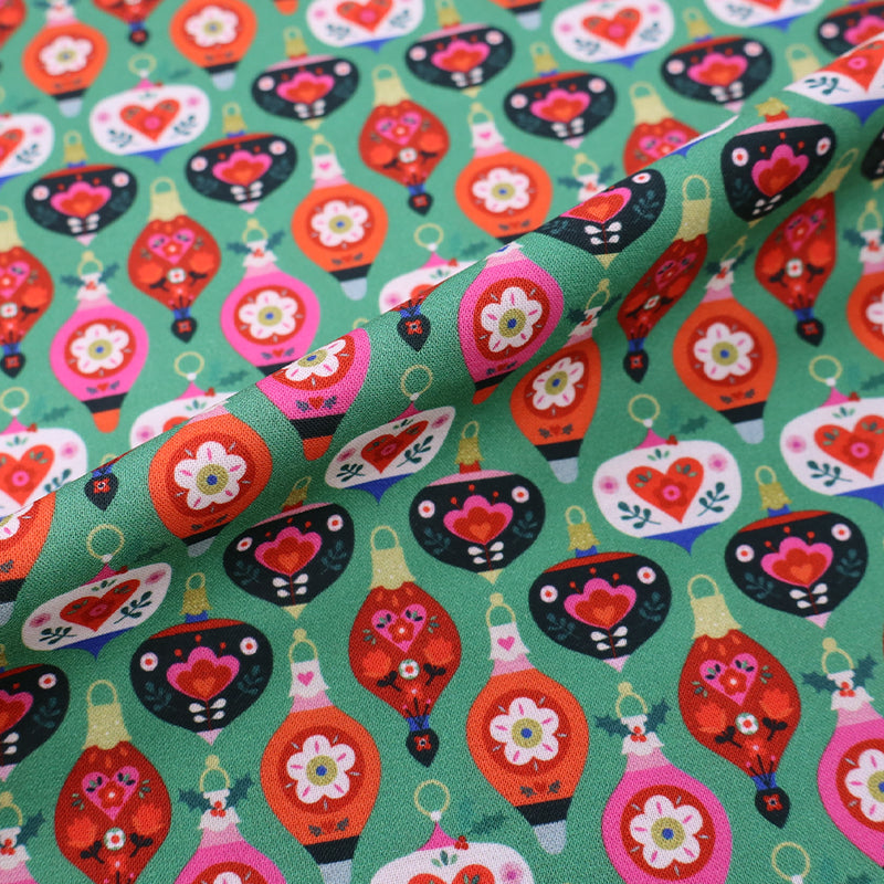 100% Cotton Green Christmas Fabric - Baubles