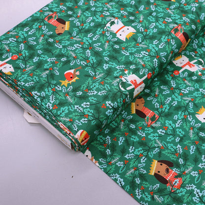 100% CottonGreen Christmas Fabric - Dogs, Cats , Robins and Holly