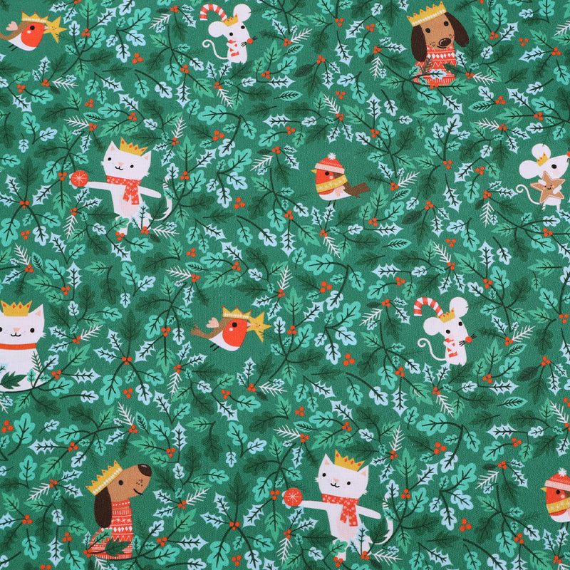 100% CottonGreen Christmas Fabric - Dogs, Cats , Robins,  and Holly