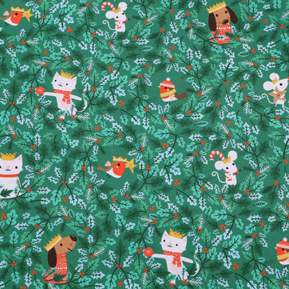 100% CottonGreen Christmas Fabric - Dogs, Cats , Robins,  and Holly