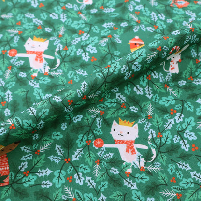 100% CottonGreen Christmas Fabric - Dogs, Cats , Robins and Holly