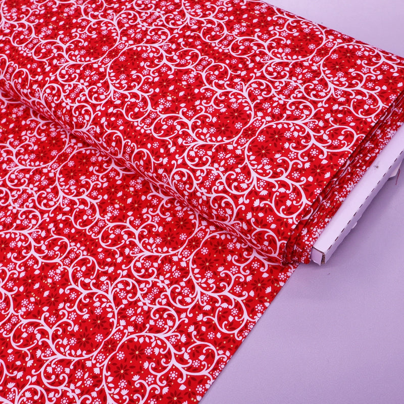 100% Cotton Christmas Fabric - Red Filigree