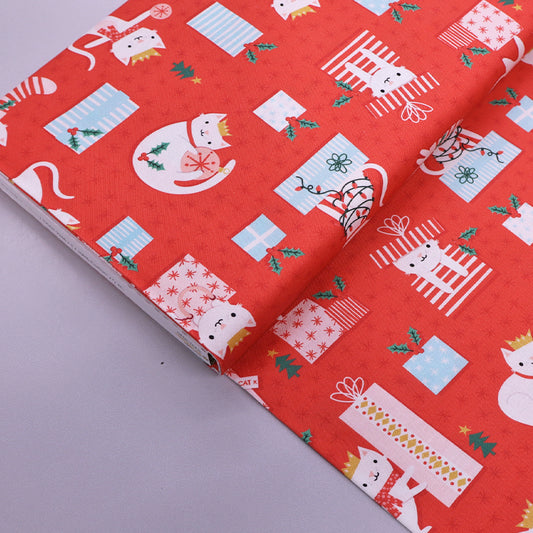 100% Cotton Red Christmas Fabric - Cats and Presents