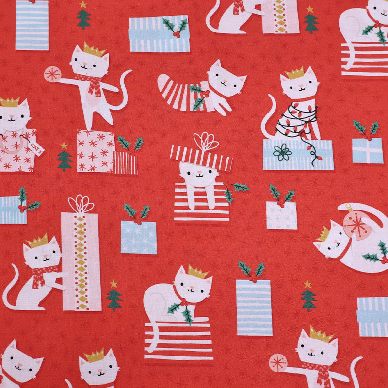 100% Cotton Red Christmas Fabric - Cats and Presents