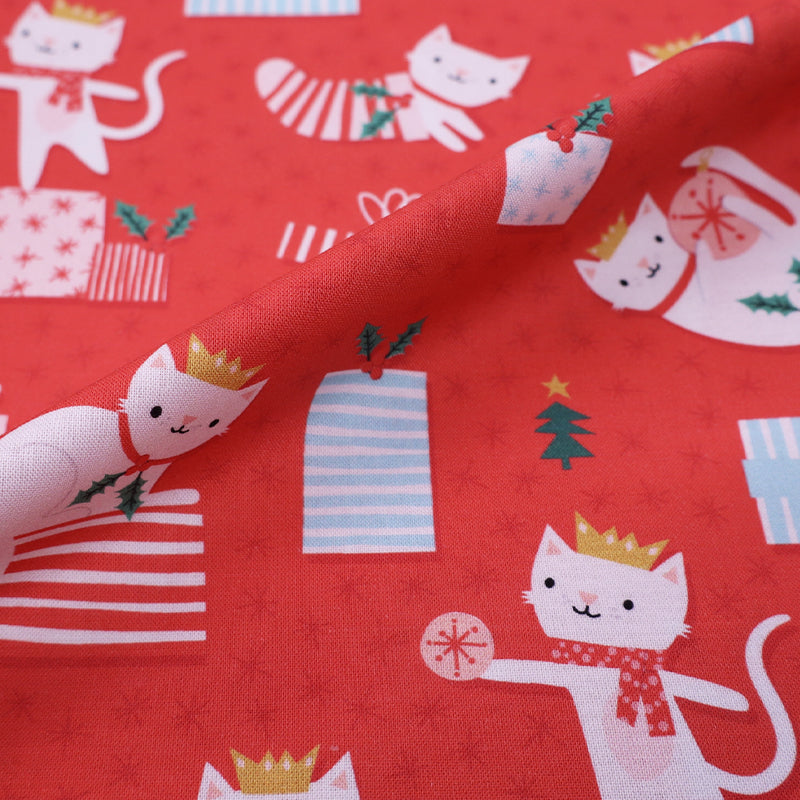 100% Cotton Red Christmas Fabric - Cats and Presents