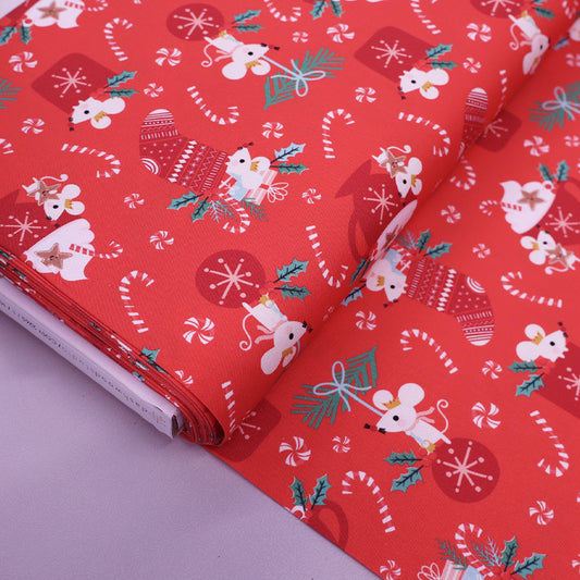 100% Cotton Red Christmas Fabric - Mouse and Stocking