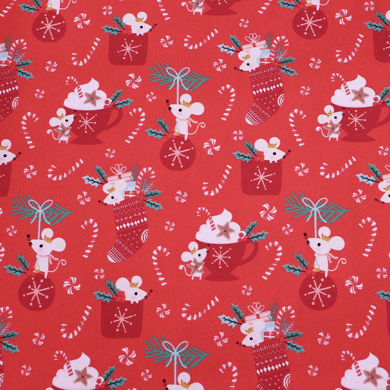 100% Cotton Red Christmas Fabric - Mouse and Stocking