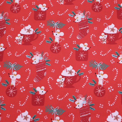 100% Cotton Red Christmas Fabric - Mouse and Stocking