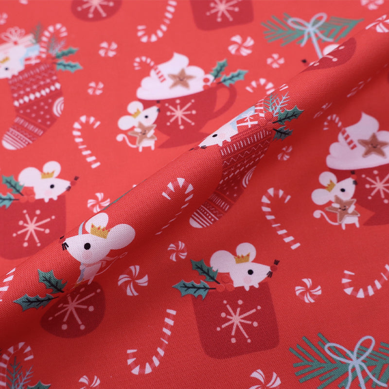 100% Cotton Red Christmas Fabric - Mouse and Stocking