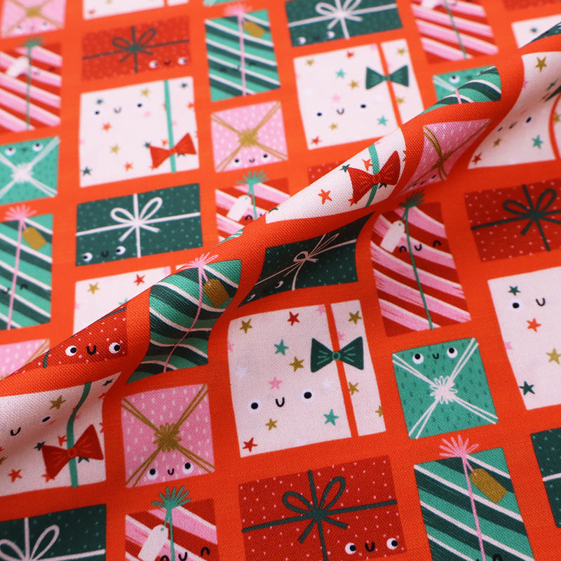 100% Cotton Red Christmas Fabric - Parcels