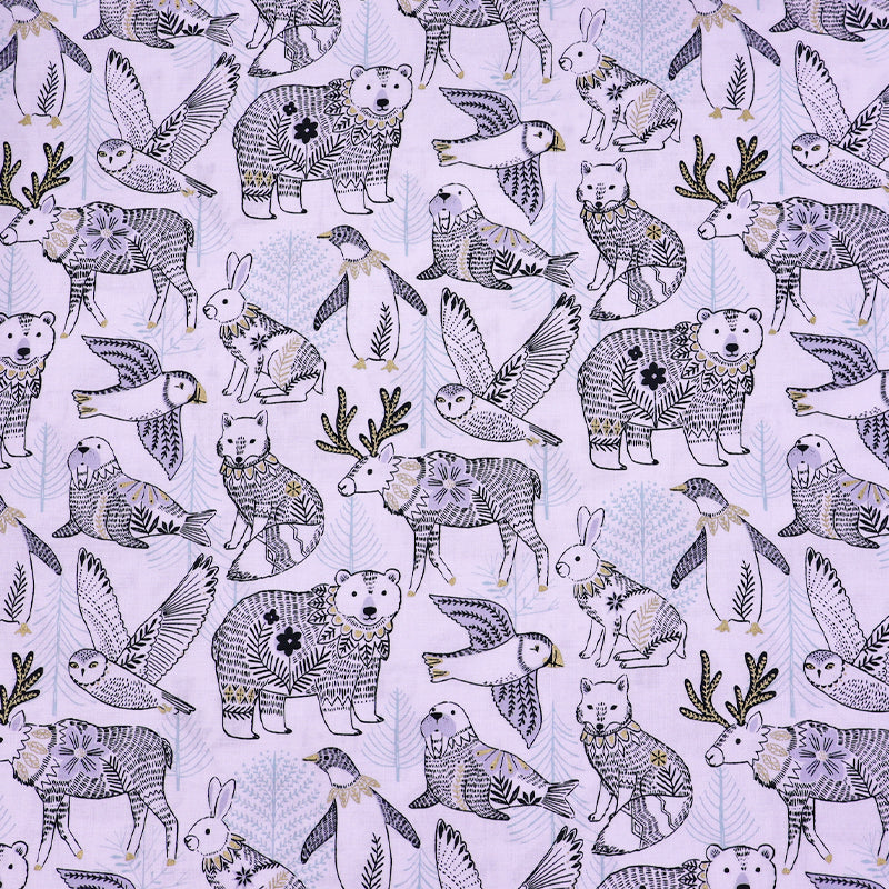 100% Cotton White Christmas Fabric - Polar Animal and Bird Print