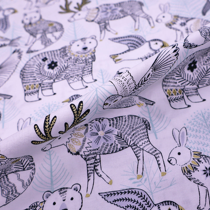 100% Cotton White Christmas Fabric - Polar Animal and Bird Print