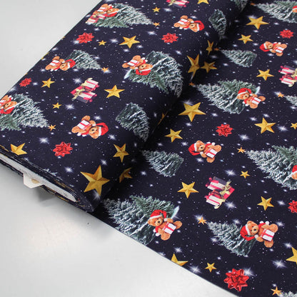 95% Cotton 5% Elastane   Navy Blue Christmas Teddies Jersey Fabric