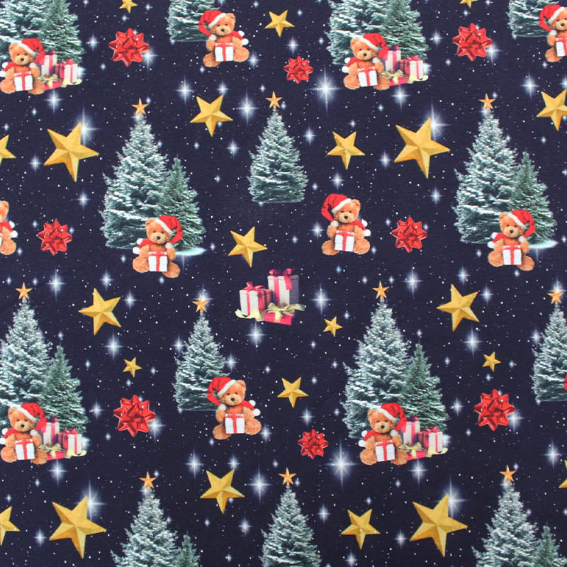 95% Cotton 5% Elastane   Navy Blue Christmas Teddies Jersey Fabric