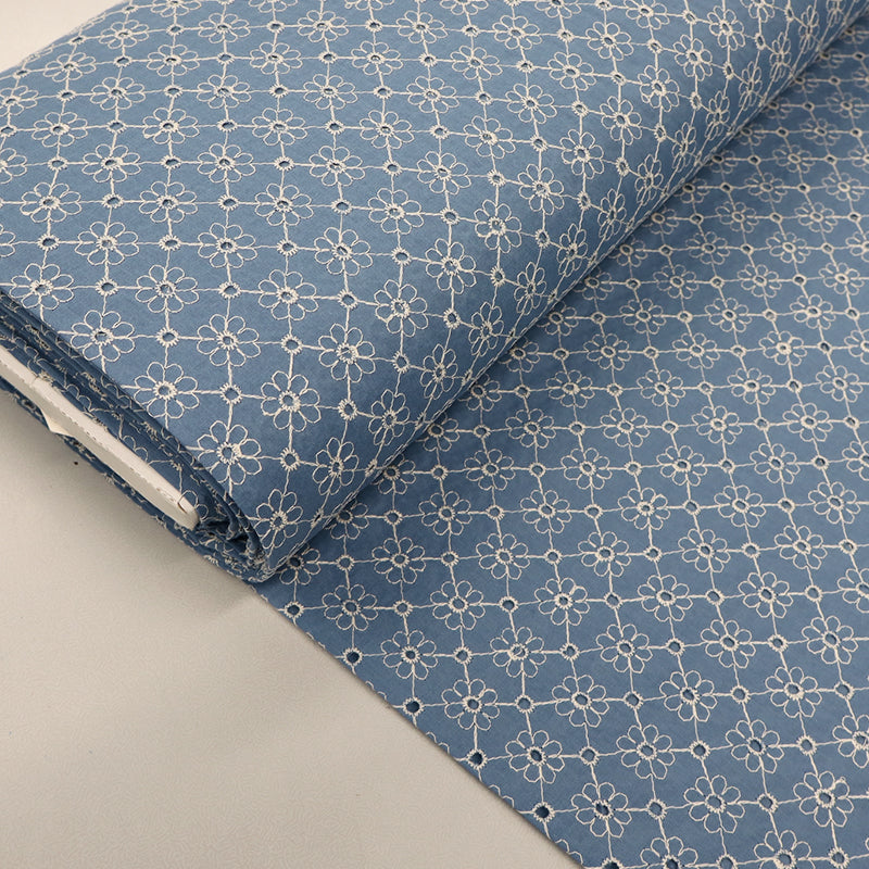 100% cotton Floral Broderie Anglaise Fabric - Denim Blue