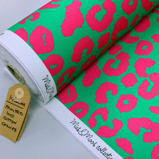 Cotton Canvas - Bright Pink and Green - Leopard Print