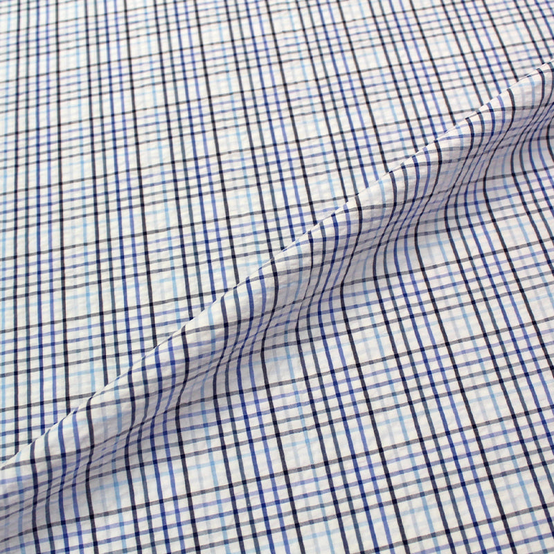 Blue, Black & White Check Seersucker Fabric | Fabrics Galore