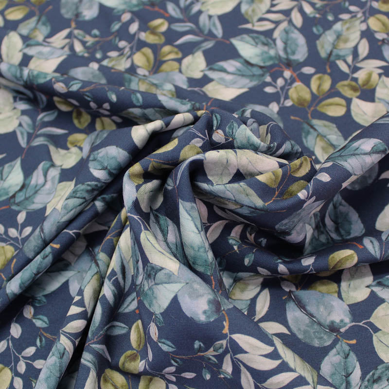 Blue Cotton Jersey Fabric | Vine Leaves | Fabrics Galore
