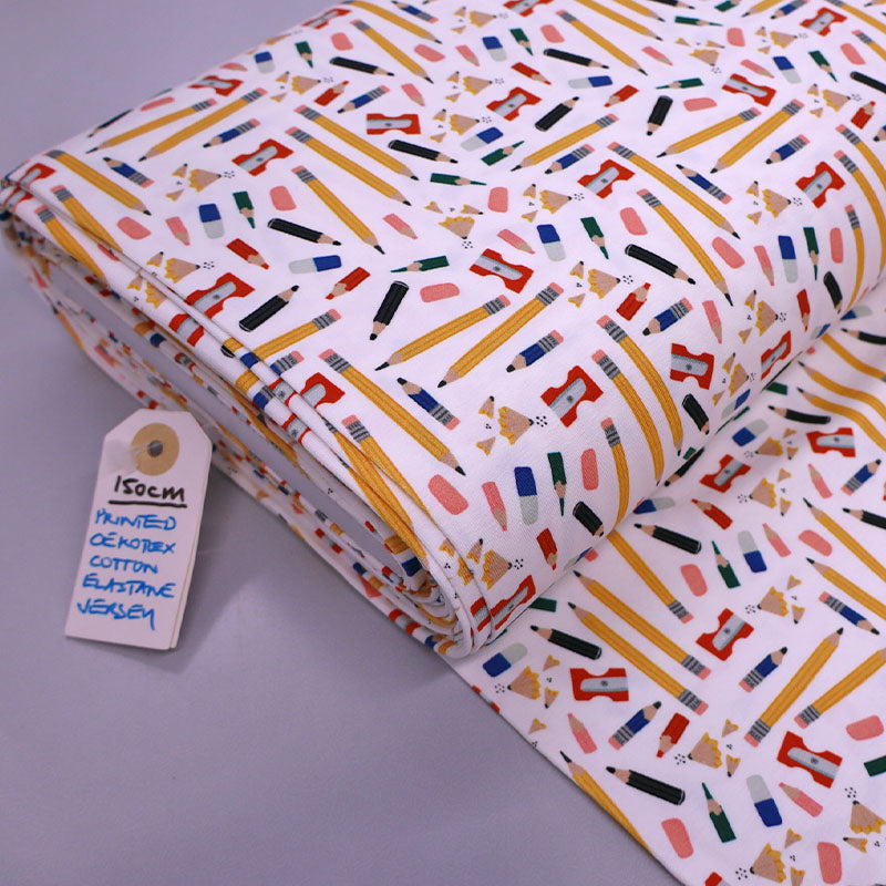 95% Cotton 5% Elastane White Children's Jersey Fabric - Pencil Print