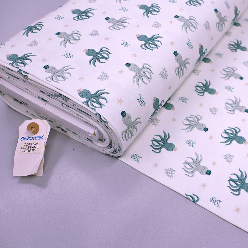 95% Cotton 5% Elastane White Children's Jersey Fabric - Octopus Print