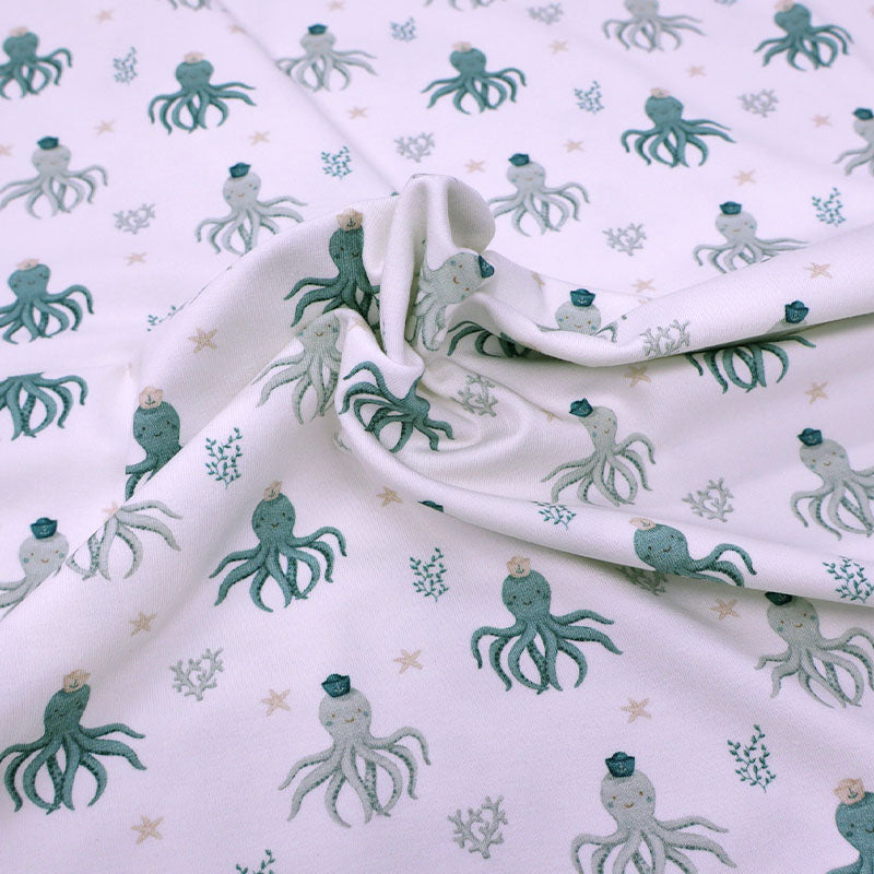 95% Cotton 5% Elastane White Children's Jersey Fabric - Octopus Print