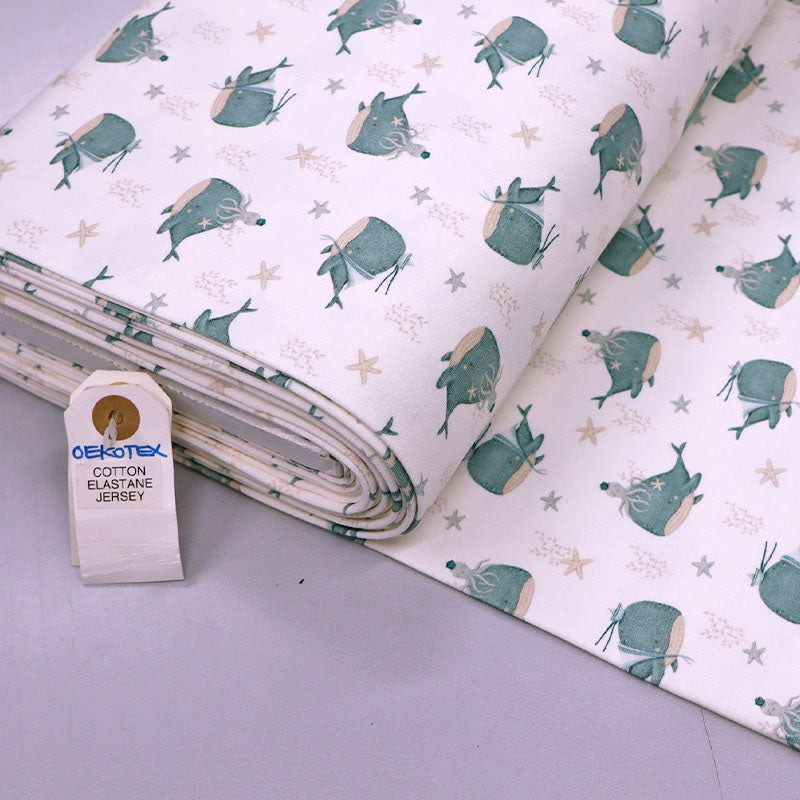 95% Cotton 5% ElastaneChildren's Jersey Fabric Whale Print