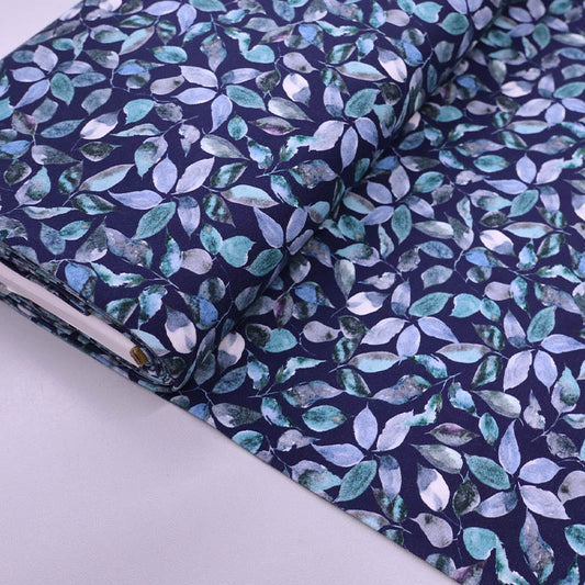 95% Cotton 5% Elastane Dark Blue and Multi coloured Jersey Fabric - Leaf Print