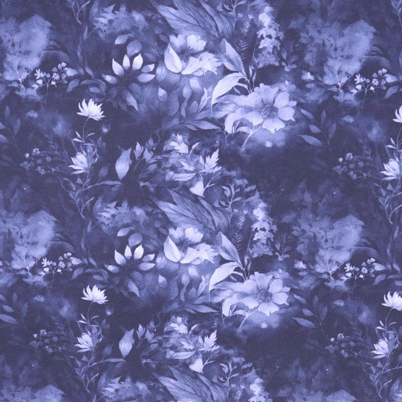 95% Cotton 5% Elastane Blue Jersey Fabric - Shadow Flower