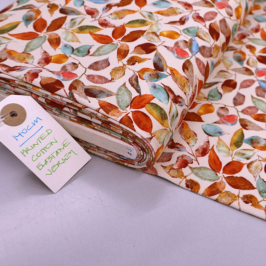 95% Cotton 5% Elastane Cream and Multicoloured Jersey Fabric - Leaf Print