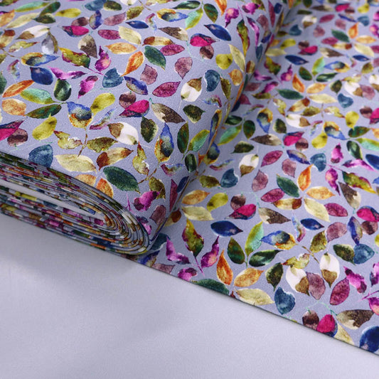 95% Cotton 5% Elastane Grey and Multicoloured Jersey Fabric - Leaf Print