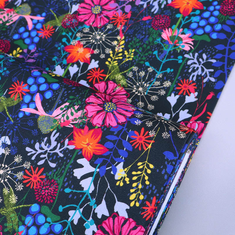 95% Cotton 5% Elastane   Floral Jersey Fabric - Secret Garden