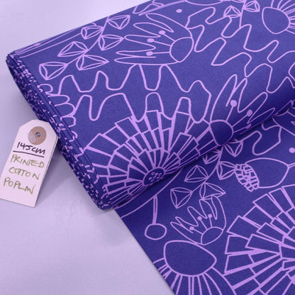 100% Cotton Blue and Purple Floral Poplin Fabric by Nerida Hansen