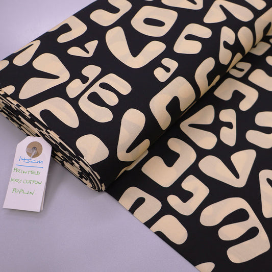 100% Cotton Poplin Fabric - Black and Cream Letter Print