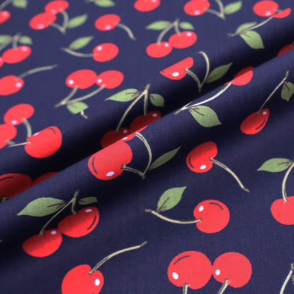 100% Cotton  Navy Blue Cherry Print Poplin Fabric