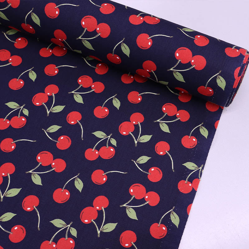 100% Cotton  Navy Blue Cherry Print Poplin Fabric