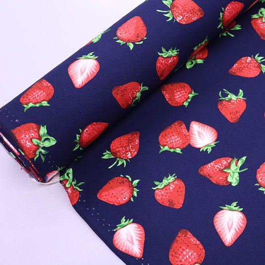 Navy Blue Strawberry Print 100% Cotton Poplin Fabric