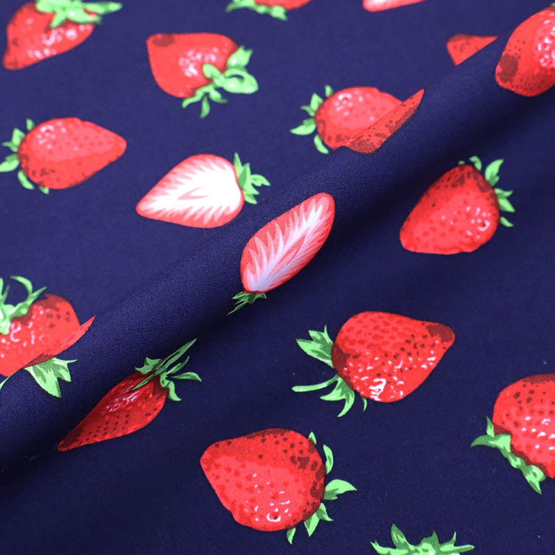 Navy Blue Strawberry Print 100% Cotton Poplin Fabric