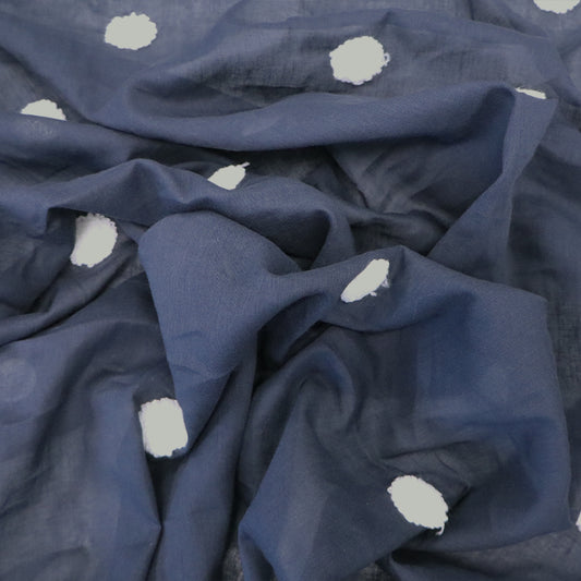 100% Cotton  Navy Blue Cotton Voile Fabric - White Spots