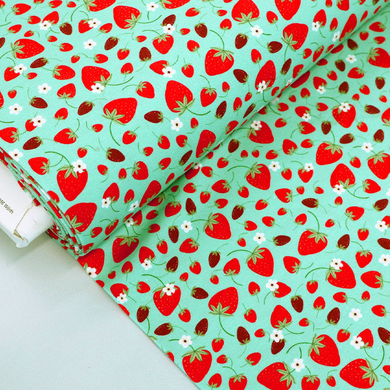 Green Jersey Fabric | Strawberry Print | Fabrics Galore