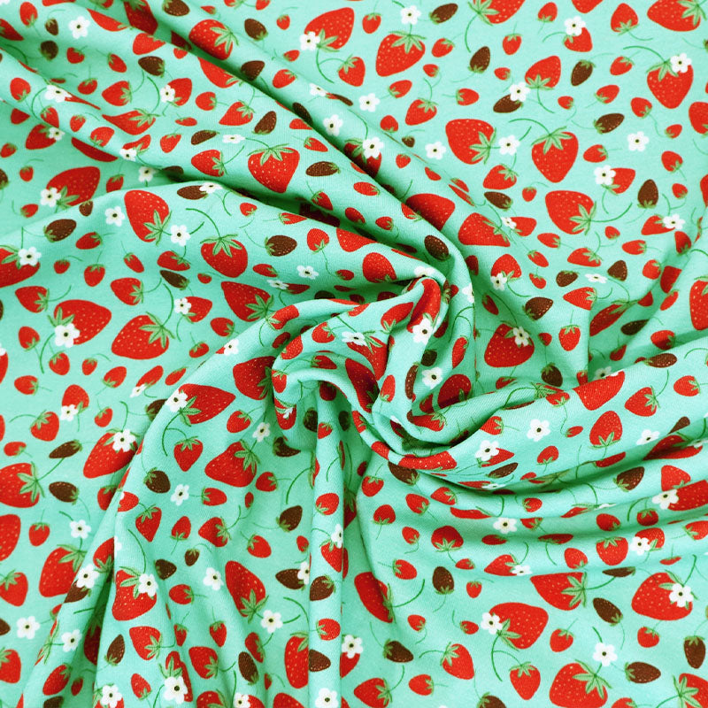 Green Jersey Fabric | Strawberry Print | Fabrics Galore